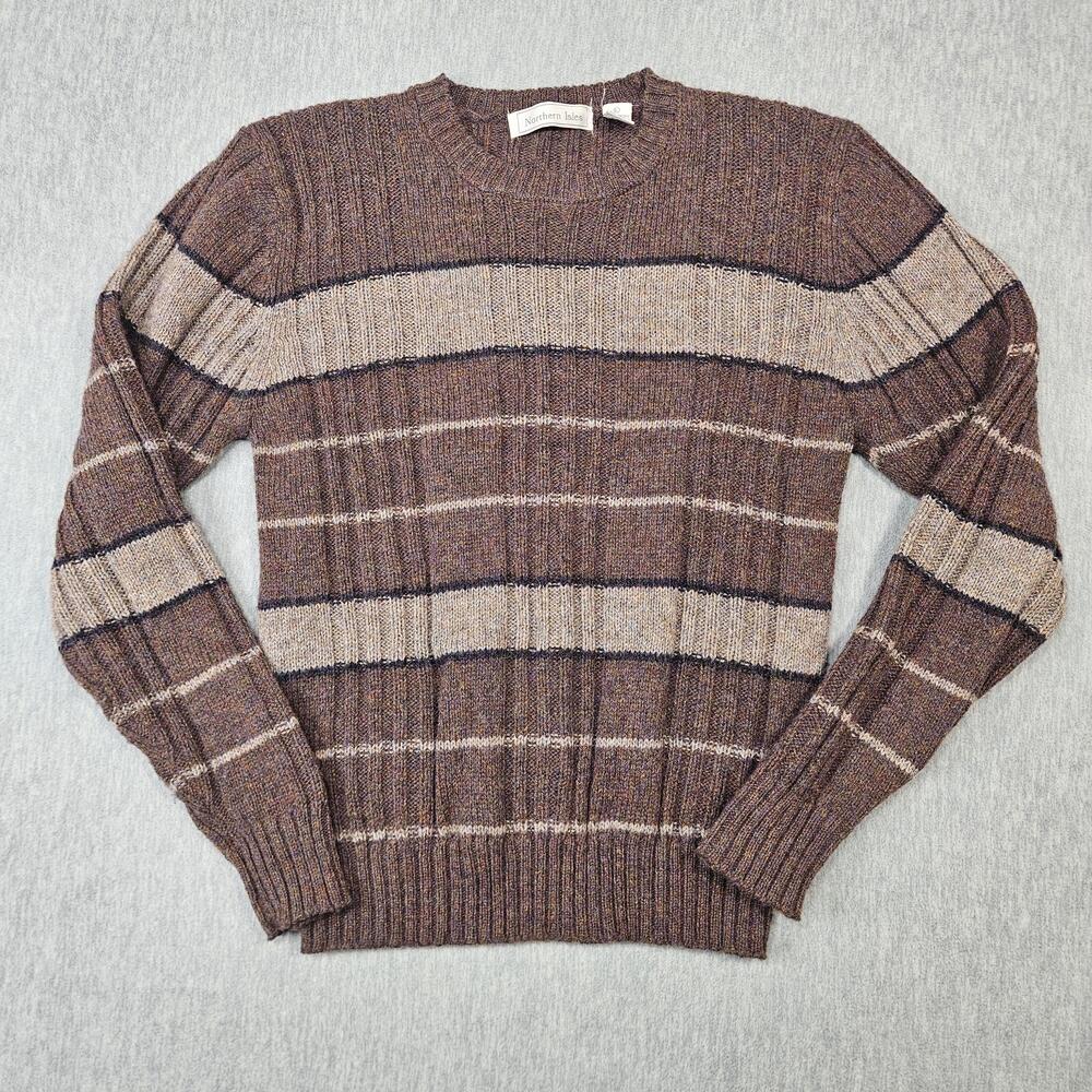 Vintage Northern Isles Sweater Mens L Brown Striped Shetland Wool Acrylic
